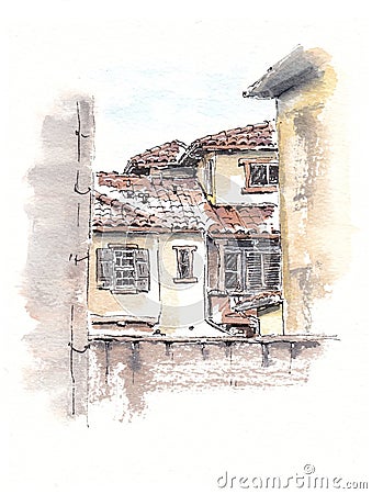 Exterior view house illustration in italian style Cartoon Illustration