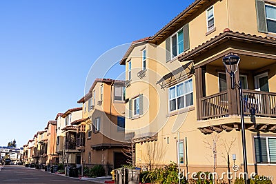 Exterior view of a row of identical townhouses; Sunnyvale, San Francisco bay area, California Stock Photo