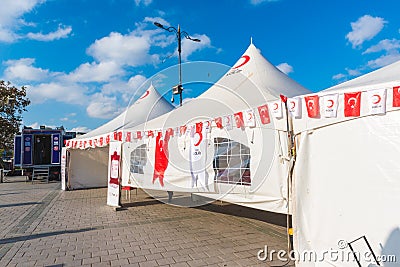 Exterior view of Turkish Red Crescent tents Editorial Stock Photo