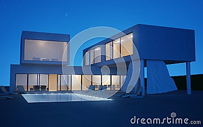 Exterior villa with water pool in night time Stock Photo