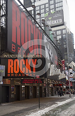 The exterior of the Winter Garden theater, featuring the play Rocky The Musical on Broadway in New York City Editorial Stock Photo