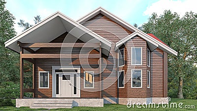 Exterior of wooden house with asphalt shingle roof. Cartoon Illustration