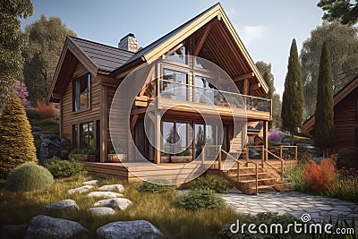 Exterior of wooden private house with beautiful garden. Traditional chalet architecture Stock Photo