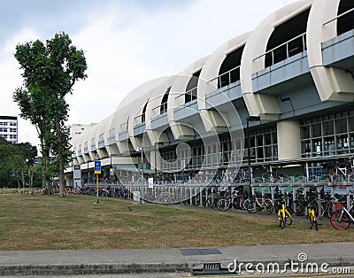 The exteriors of the Aljunided Subway Station in Geylang in Singapore. Modern architecture. Adjacent park with lush greenery. Editorial Stock Photo