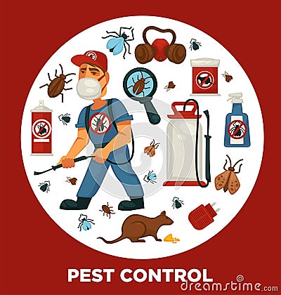 Extermination or pest control service company information poster template for sanitary domestic disinfection. Vector Illustration