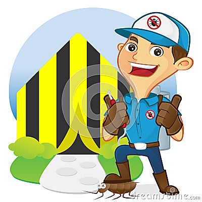 Exterminator in front of tenting home Stock Photo