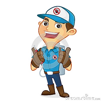 Exterminator giving thumbs up and holding pest sprayer Stock Photo