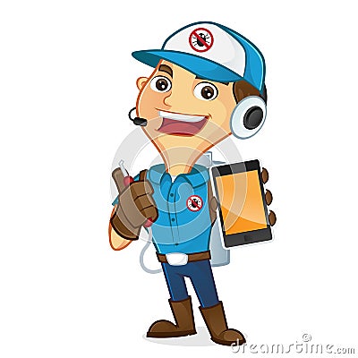 Exterminator holding phone and wearing headset Stock Photo