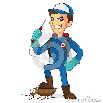 Exterminator killing bug holding pest sprayer Stock Photo