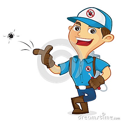 Exterminator killing bug and leaning Stock Photo