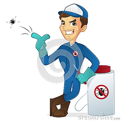 Exterminator leaning on pest sprayer and killing bug Stock Photo