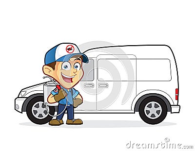 Exterminator or pest control standing in front van Vector Illustration