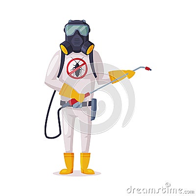 Exterminator Wearing Protection Uniform and Gas Mask Spraying with Insecticide, Male Worker of Pest Control Service Vector Illustration