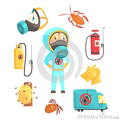 Exterminators of insects in chemical protective suit with equipment and products set. Pest control service cartoon Vector Illustration