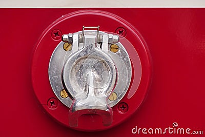 External docking element of the red retro tram, Museum exhibit, mounting element, metal latch Stock Photo