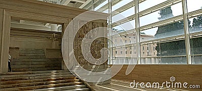 External side facade with bas-reliefs of the Ara Pacis. (Altar of Peace of Augustus Editorial Stock Photo