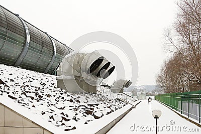 External ventilation system airing rooms of a modern building. Large metal pipes with grates. Modern space design industrial Editorial Stock Photo
