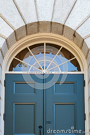 External view of a locked entrance to one of the campus Library`s at Harvard University. Editorial Stock Photo