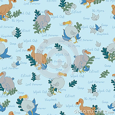 Extinct Dodo Birds with Fauna and Text on a Blue Background creating a seamless pattern print background Vector Illustration