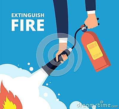 Extinguish fire. Fireman with fire extinguisher. Emergency training and protection from flame vector concept Vector Illustration