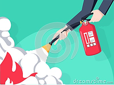 Extinguish fire. Fireman hold in hand fire extinguisher. Vector illustration flat design. Isolated on background. Vector Illustration