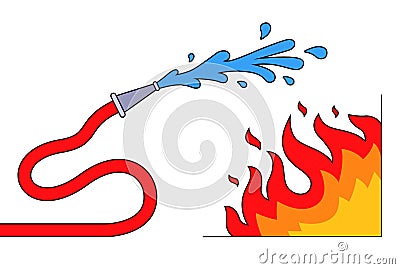extinguish fire with red hose with water. Vector Illustration