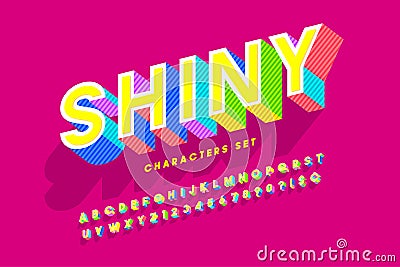 Extra bright 3d display font design, alphabet, letters and numbers. Swatch color control Vector Illustration