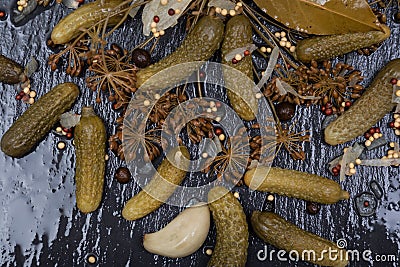 Extra Fine Cornichons - minuscule sour French pickles on natural stone background. Mini French style Gherkin Cucumbers Stock Photo