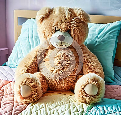 extra fluffy Teddybear on a made-up colored child bed Stock Photo