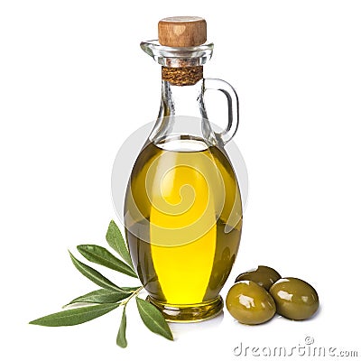 Extra olive oil bottle and green olives on white background Stock Photo