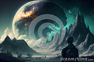 extra terrestrial wallpaper art with human figure faced toward landscape with half-biological moon in the sky, neural Stock Photo