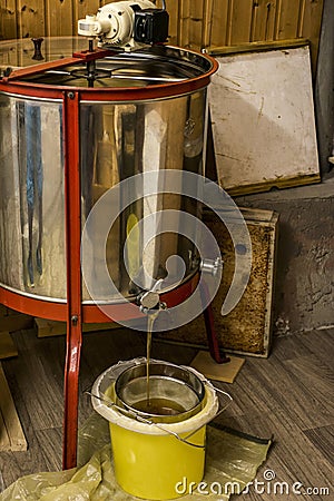 Extracting honey, honey flowing out of centrifuge into a sieve hanging in a bucket Stock Photo