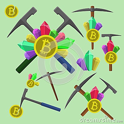 Extraction bitcoin emblem, icon with a geological hammer, pick and crystals vector set multicolored Vector Illustration