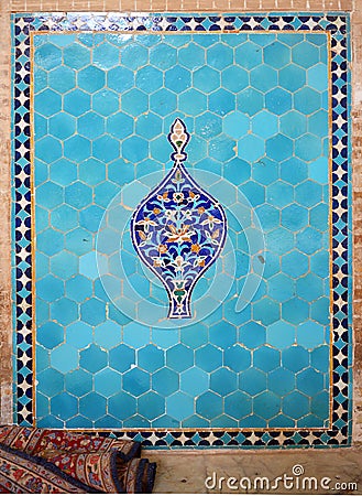 Extraordinarily beautiful decorations of blue tiles and traditional design, Yazd, Iran Stock Photo