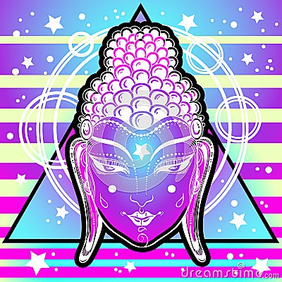 Extraordinary Buddha face in neon colors over sacred geometry and cosmic vibrant background. Enlightenment, transformation. Vector Illustration