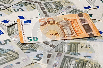 The extraordinary texture of European currency 50 euros outweigh 5 euros Stock Photo