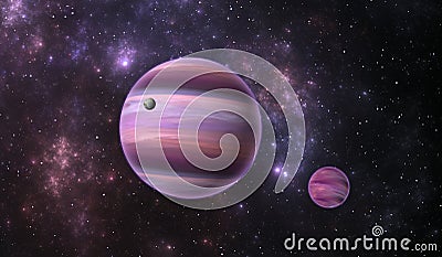 Extrasolar planet. Gas extrasolar planet with moon on background nebula Cartoon Illustration