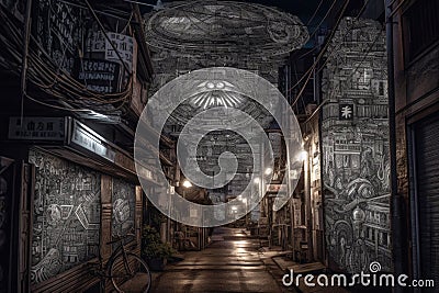 extraterrestrial art piece featuring intricate pattern and symbols in the streets of futuristic city Stock Photo