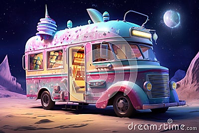 The Extraterrestrial Ice Cream Truck a spaceship that looks like a vintage truck from the 1950s, it offers cosmic - flavored ice Cartoon Illustration