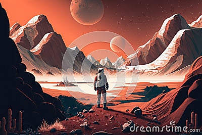 Extraterrestrial Landscape Exploration by an Astronaut Stock Photo