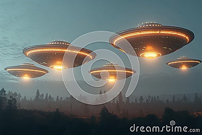 Extraterrestrial visitation UFO disc in the sky, mysterious flying saucers Stock Photo