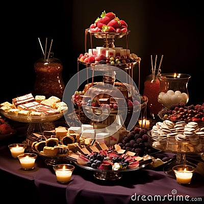 Extravagant Dessert Buffet with Towering Chocolate Fountain Stock Photo