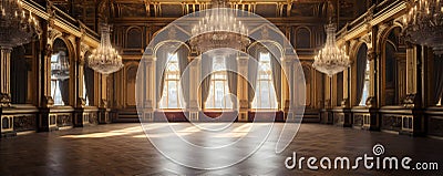 An Extravagant European Ballroom, Palace Styled Room With Large Windows and Natural Lighting, a Chandelier Hanging From the Stock Photo