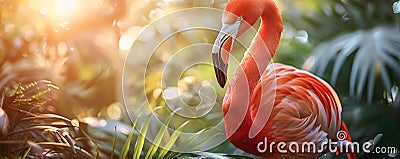 Extravagant flamingo in glamorous attire among tropical paradise setting exuding charm. Concept Tropical Paradise, Glamorous Stock Photo
