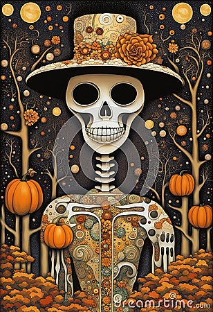 Extravagant ornate Halloween skeleton portrait illustration Cartoon Illustration