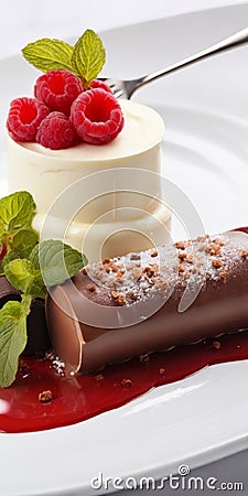 An excellent treat: white and dark chocolate cannelloni with delicate mascarpone mousse and raspberries Stock Photo