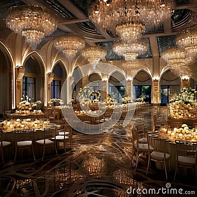Extravagant Reception Buffet Setup in Watercolor Art Style Stock Photo