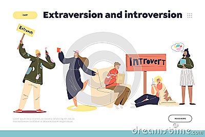 Extraversion and introversion concept of landing page with people extraverts and introverts Vector Illustration