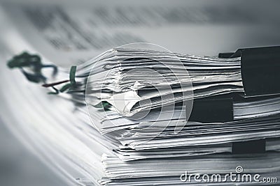 Extreamly close up stacking of office working document with paper clip folder Stock Photo