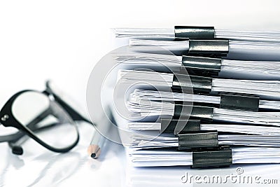 Extreamly close up the stacking of office working document with Stock Photo